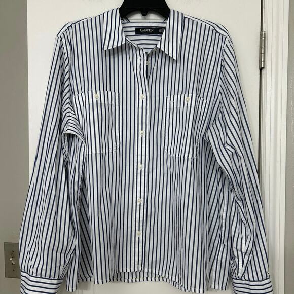 Lauren Ralph Lauren Navy White Striped Button Down Shirt Women’s Classic Fit XXL - Picture 3 of 12